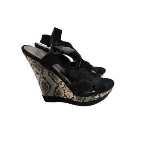 Black and Gray Python Snakeskin Faux Suede Wedge Platform Sandal 7